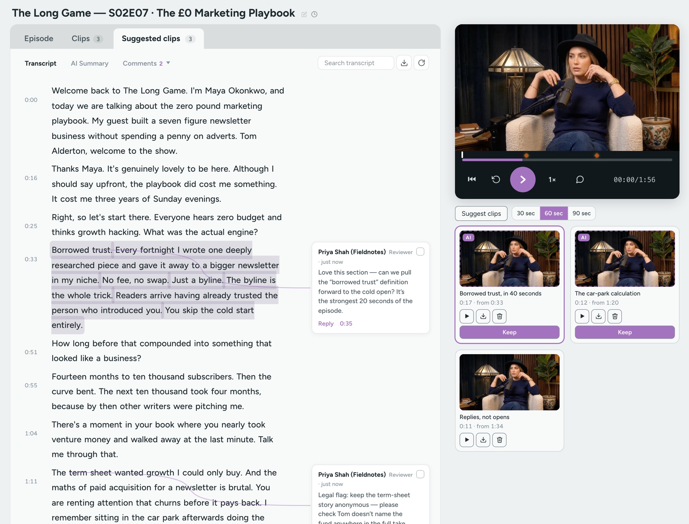 The Podlook episode workspace: the transcript with reviewer comments anchored to the passages they refer to, the player alongside, and AI-suggested clips ready to keep or discard